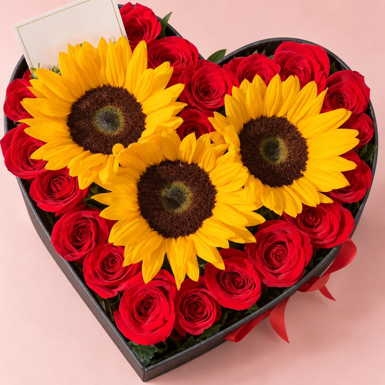 Caja corazón con rosas rojas y girasoles