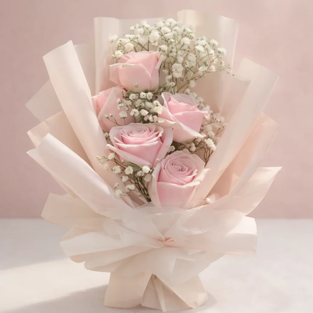 Ramo de 5 rosas rosa pastel con gypsophila - Sara Shopp Floristería Palmira