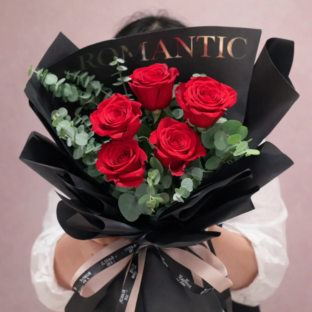Ramo de 5 rosas rojas con eucalipto en papel negro - Sara Shopp Floristería Palmira