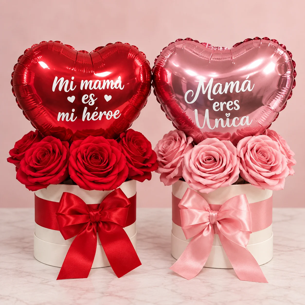 Sombrerera crema con rosas y globo corazón personalizado - Sara Shopp Floristería Palmira
