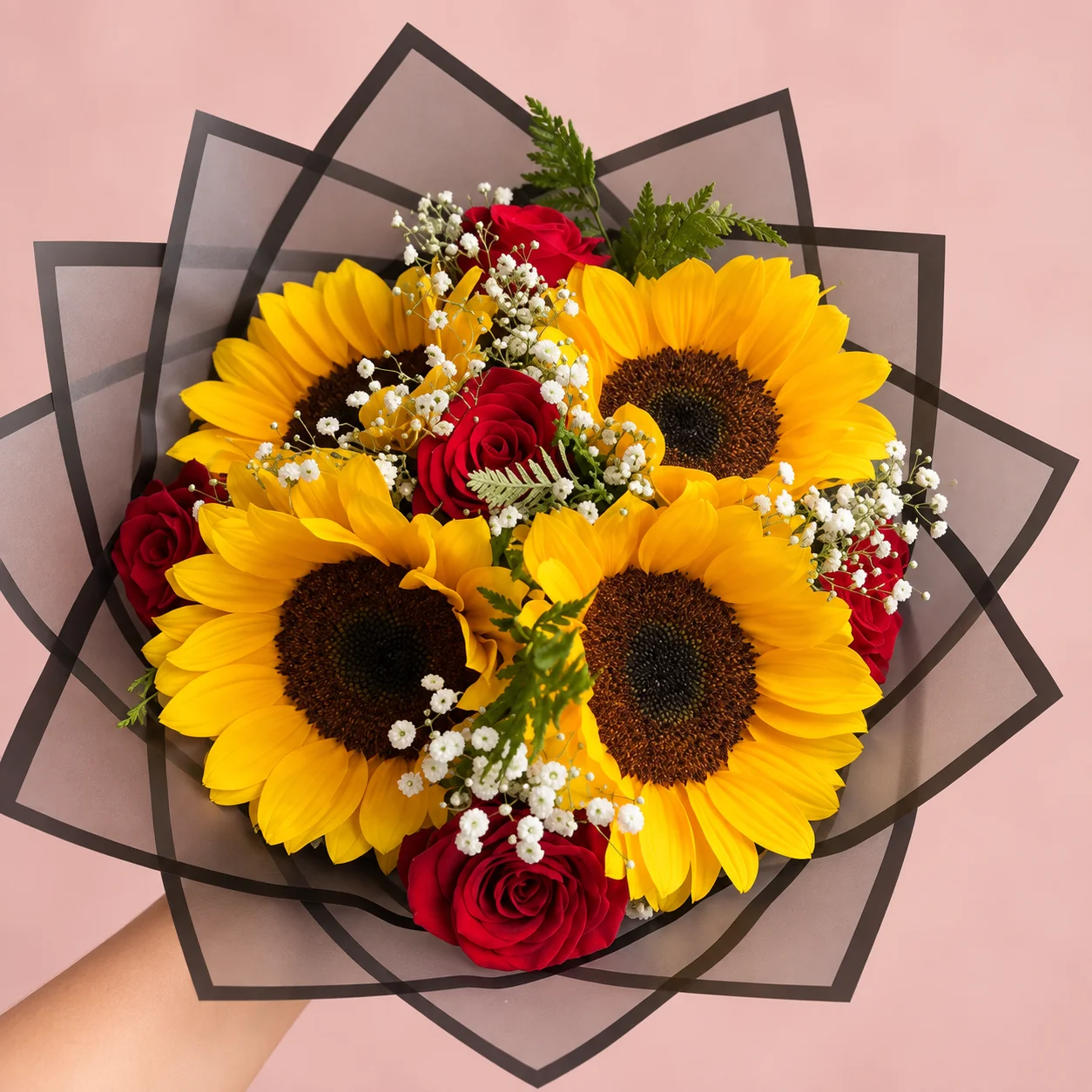 Sol y Pasión - Ramo de 4 girasoles con rosas rojas