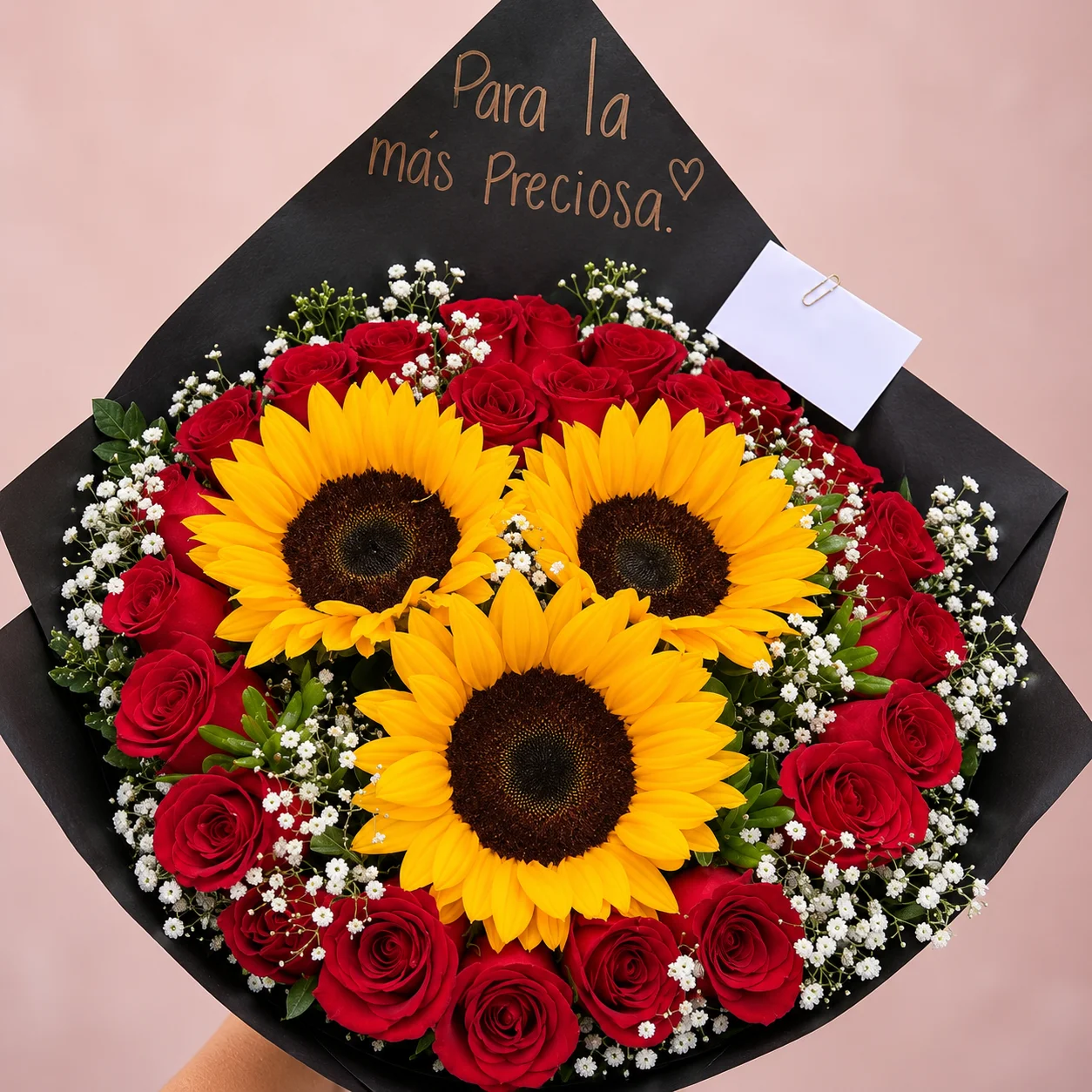 Para la Más Preciosa - Ramo de girasoles y 24 rosas rojas
