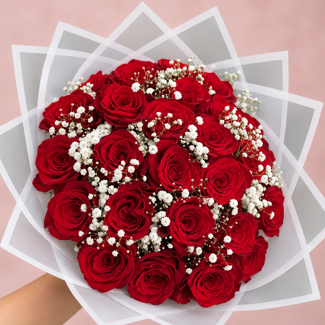 Ramo de 24 rosas rojas con gypsophila