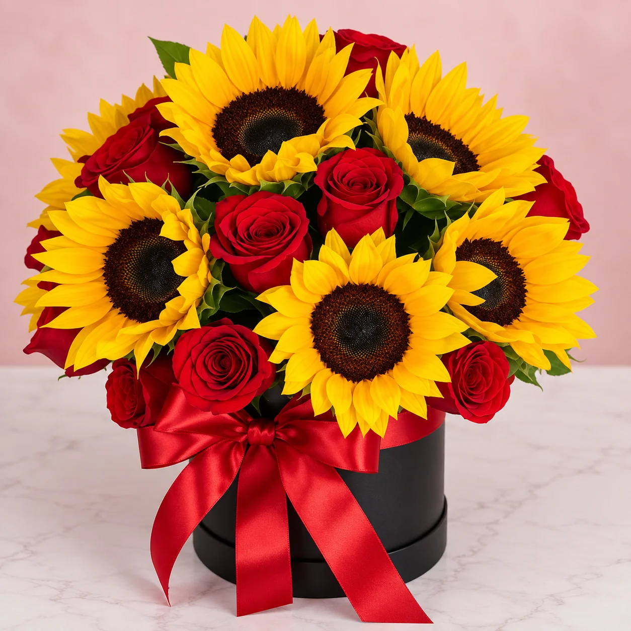 Sombrerera negra con girasoles y rosas rojas - Sara Shopp Floristería Palmira