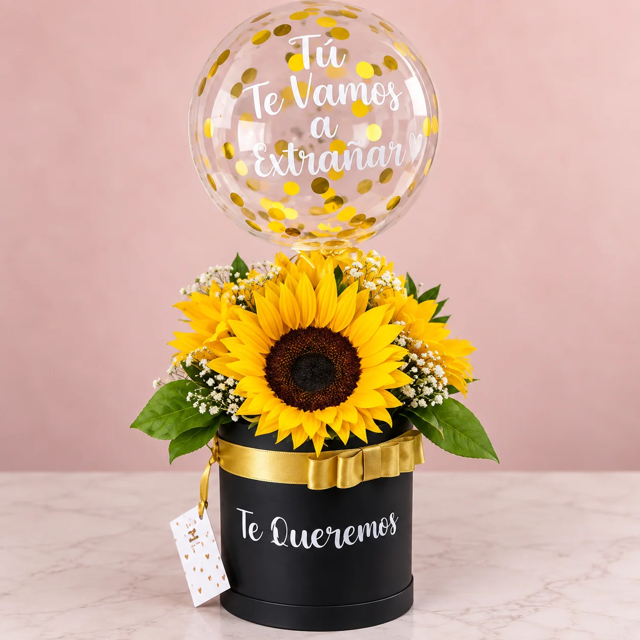 Caja negra con girasol y globo burbuja personalizado - Sara Shopp Floristería Palmira