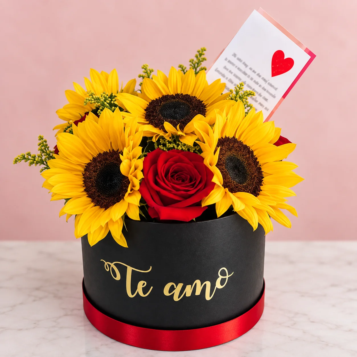 Caja negra con girasoles, rosa roja y tarjeta - Sara Shopp Floristería Palmira